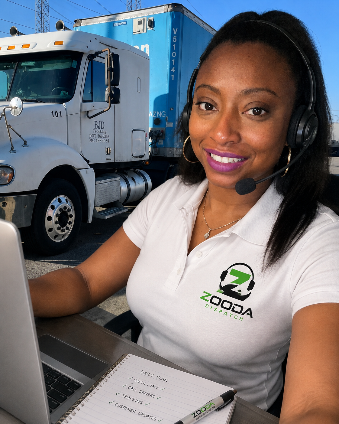 Founder of Zooda Dispatch standing in front of a semi truck